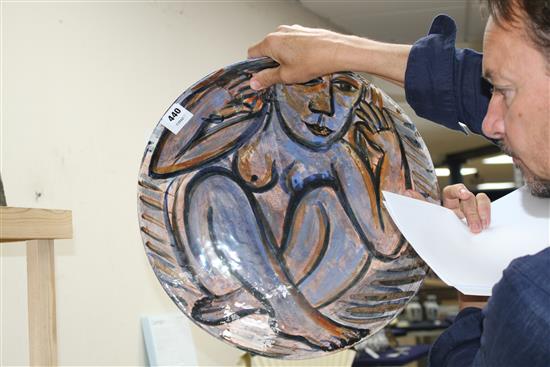 Eileen Cooper. A Studio ceramic bowl depicting a seated female nude, signed and dated 1999 verso, diameter 44.5cm